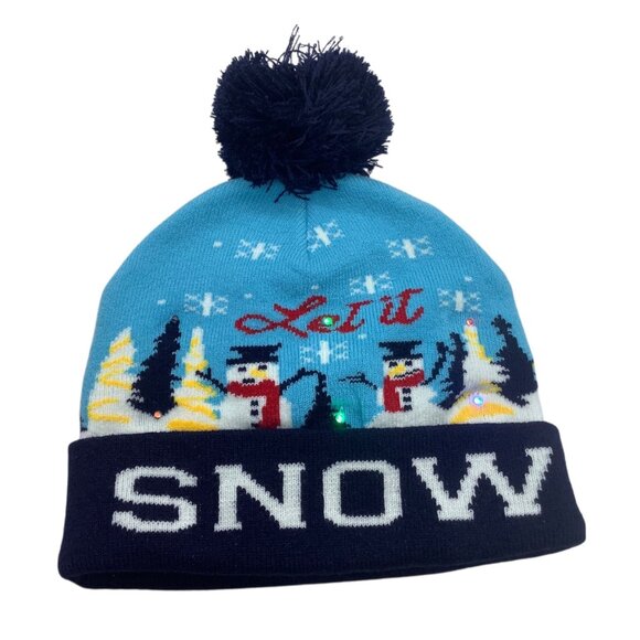 Let it Snow Snowmen Holiday Pom Winter Beanie LED Lights NWOT NEW One Size - Picture 2 of 6